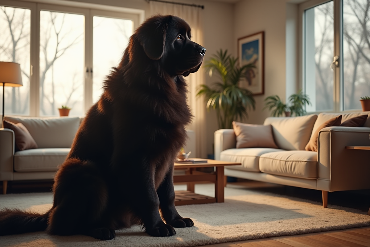 Chien Newfoundland assis dans un salon moderne intérieur