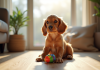 Chiot cocker spaniel doré assis attentivement dans un salon lumineux