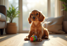Chiot cocker spaniel doré assis attentivement dans un salon lumineux