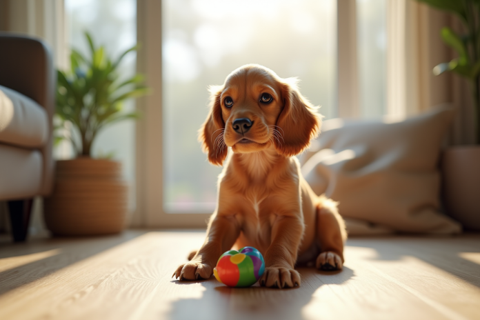Chiot cocker spaniel doré assis attentivement dans un salon lumineux