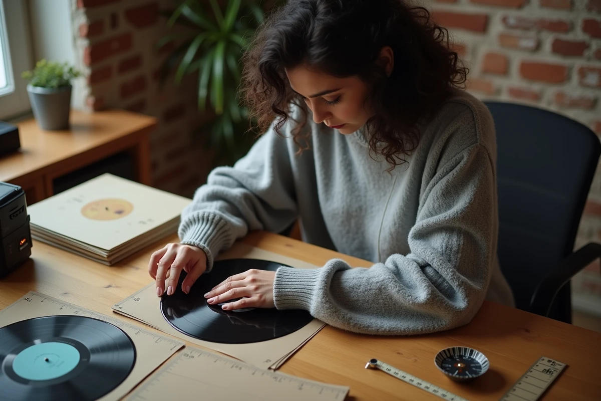 Femme triant des pochettes de protection pour vinyles 45 tours sur un bureau en bois à domicile