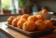 Chorizo cannelés dorés sur un plateau en bois rustique