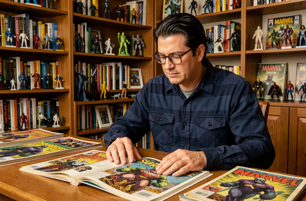 Collectionneur de comics Marvel examinant des bandes dessinées vintage de Doctor Doom Victor von Doom dans une bibliothèque