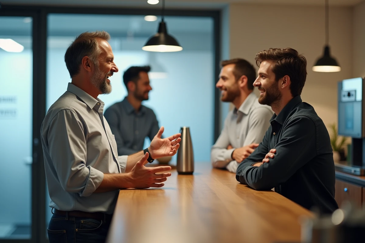 Collègues de bureau riant ensemble dans la cuisine d'une entreprise grâce aux blagues d'un homme charismatique