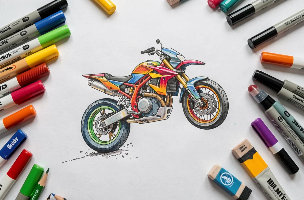 Vue du dessus d'un coloriage de moto cascade en cours, entouré de crayons et feutres sur une table blanche
