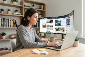 Femme comparant plusieurs sites d'actualités généralistes sur deux écrans dans un bureau à domicile moderne