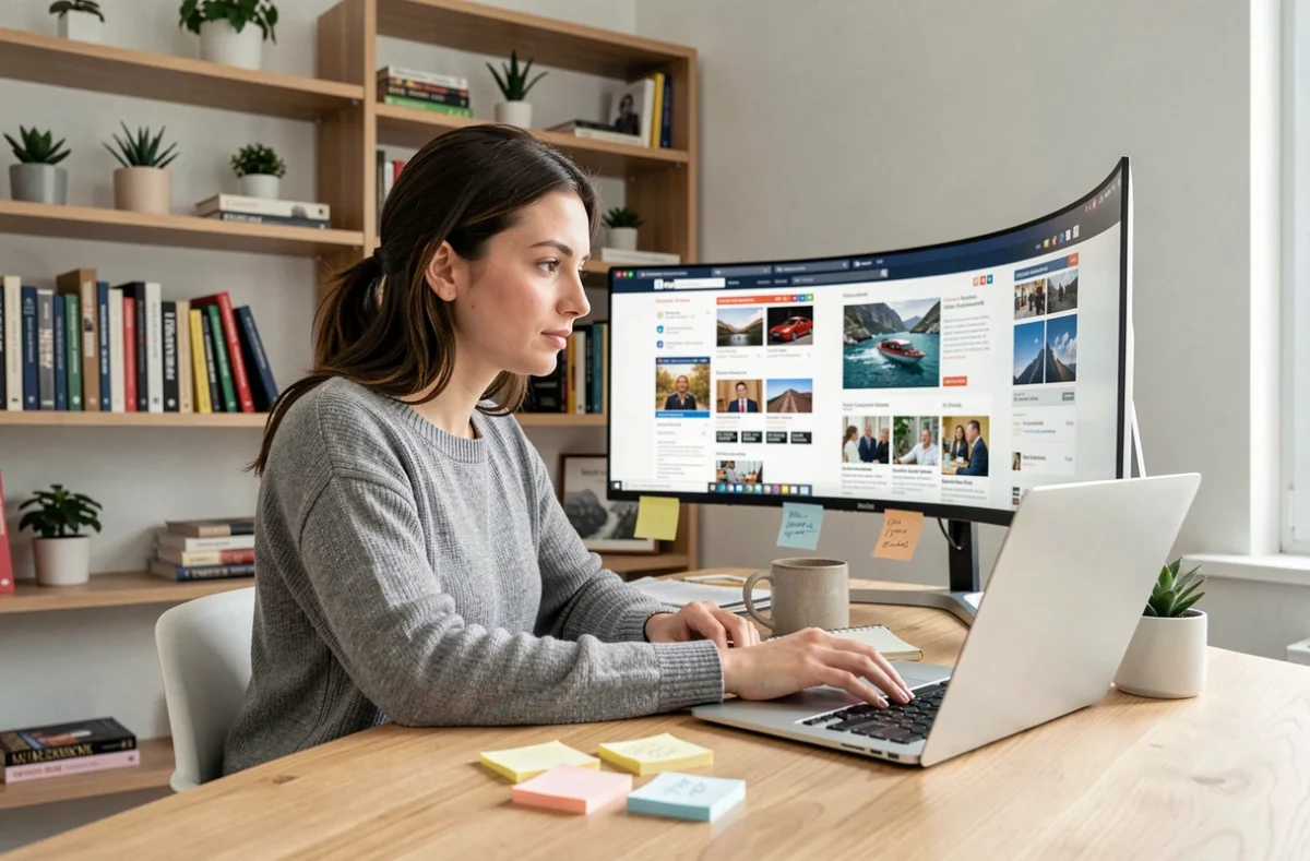 Femme comparant plusieurs sites d'actualités généralistes sur deux écrans dans un bureau à domicile moderne