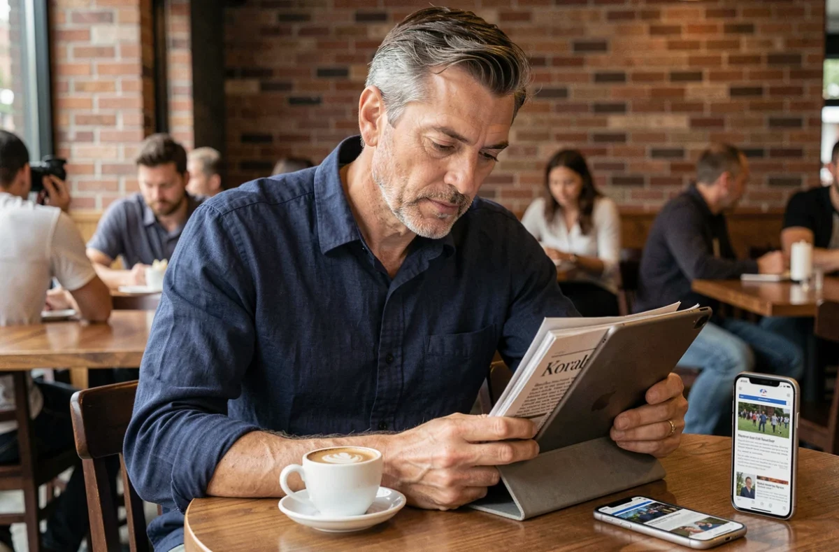 Homme consultant et comparant des sites d'information sur tablette et smartphone dans un café urbain