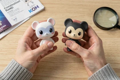 Comparaison côte à côte d'un vrai Labubu et d'une contrefaçon tenue dans des mains féminines sur un bureau en bois