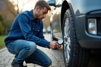Jeune homme vérifiant la pression des pneus de sa voiture