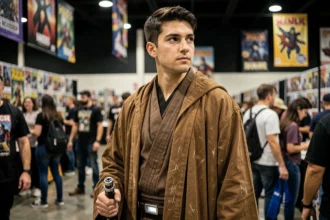 Cosplayeur déguisé en Jedi de Star Wars tenant un sabre laser désactivé lors d'une convention de culture pop