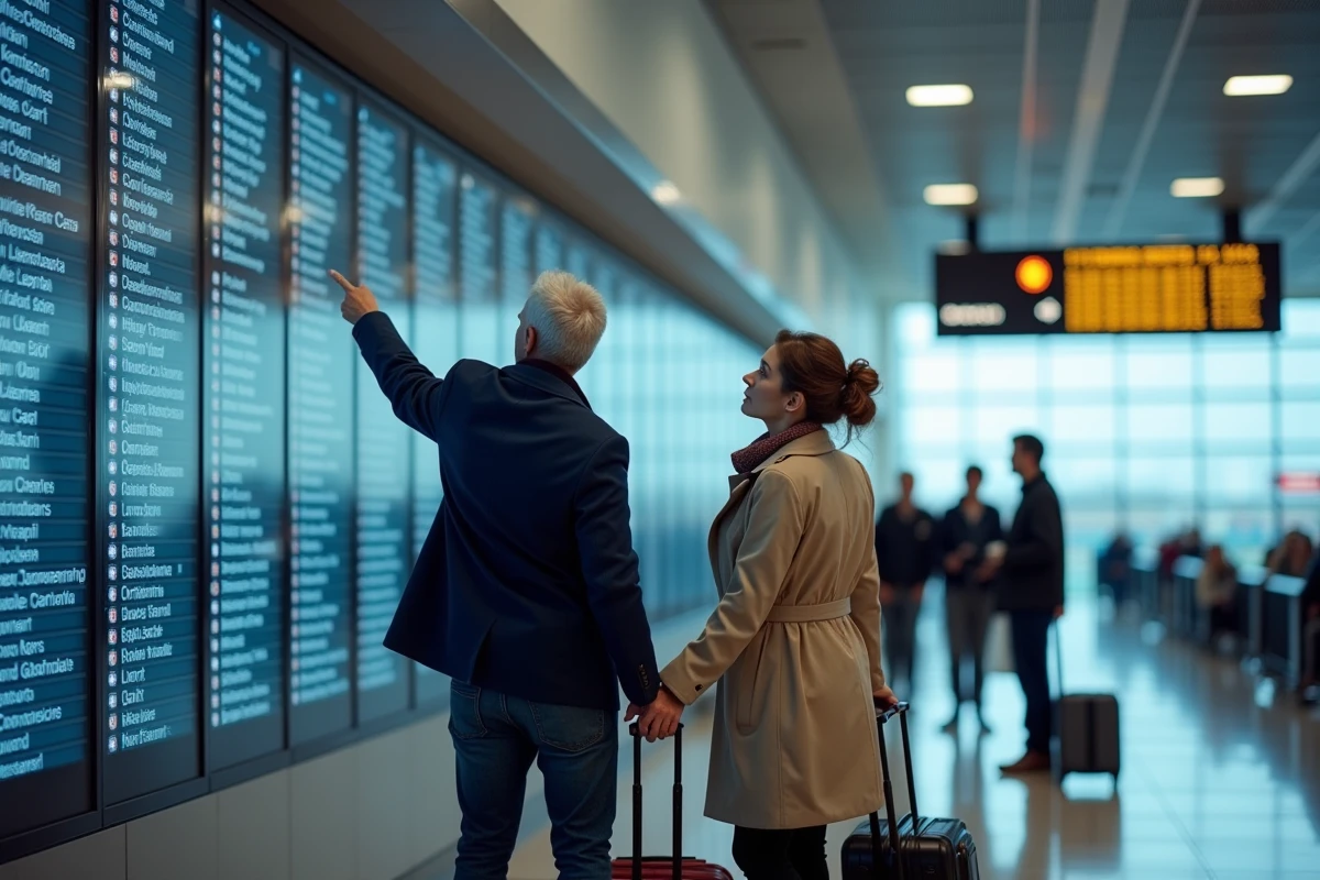 Couple perdu devant un tableau des départs dans un aéroport international tenant des valises et cherchant leur vol pour les vacances