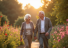 Couple âgé se tenant la main dans un jardin ensoleille avec des fleurs
