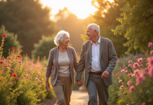 Couple âgé se tenant la main dans un jardin ensoleille avec des fleurs