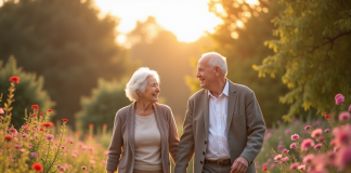 Couple âgé se tenant la main dans un jardin ensoleille avec des fleurs