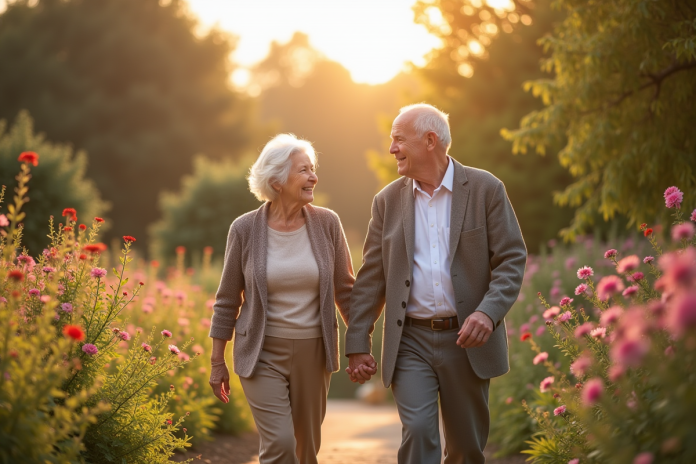 Couple âgé se tenant la main dans un jardin ensoleille avec des fleurs
