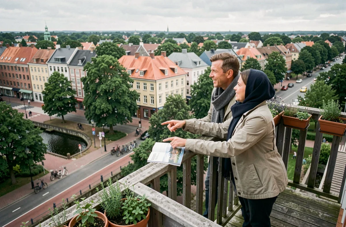 Couple sur un balcon contemplant le panorama d'une ville nordique européenne, envisageant une expatriation