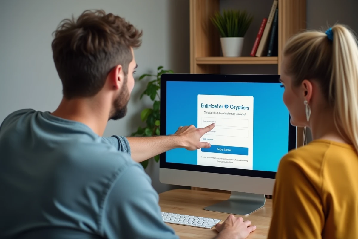 Couple discutant devant un ordinateur sur la création d'un nouveau compte Carrefour Drive pour profiter d'un code promo