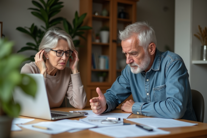 Couple assis à une table avec papiers et laptop en difficulté