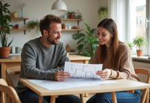 Jeune couple souriant discutant de plans de maison dans un appartement lumineux