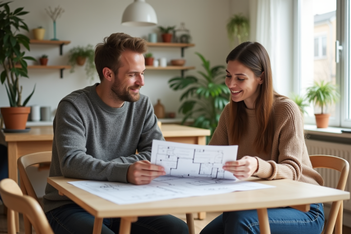 couple-discutant-plan-maisons Jeune couple souriant discutant de plans de maison dans un appartement lumineux