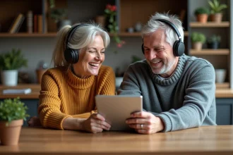 Couple d'adultes écoutant un podcast dans la cuisine chaleureuse