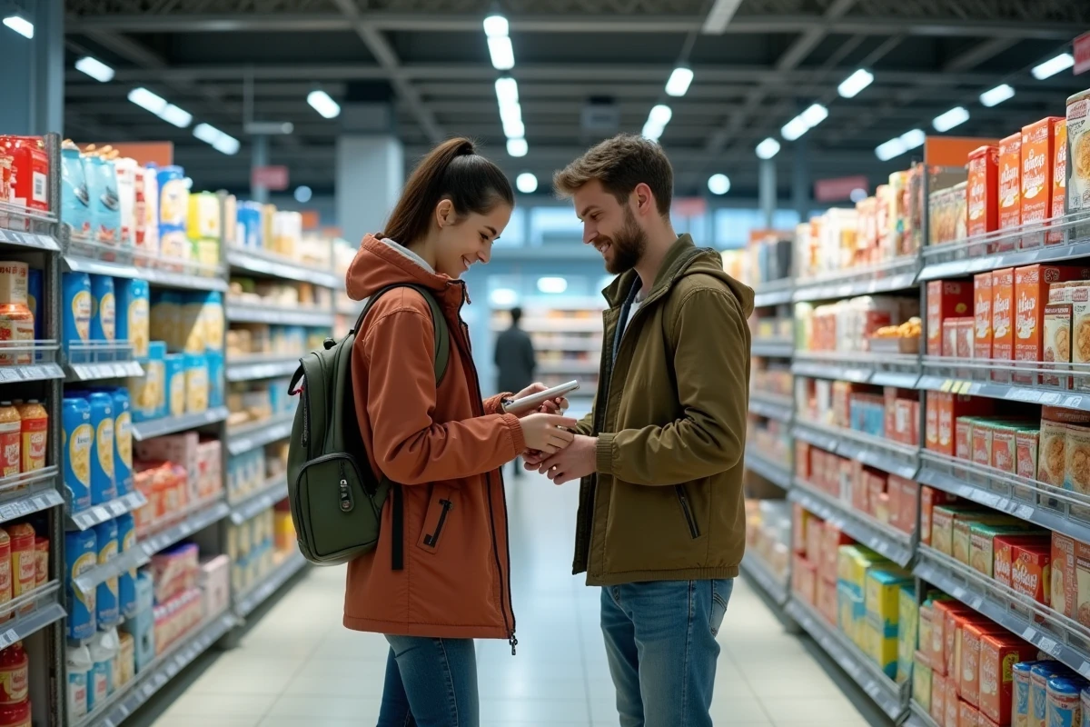 Couple comparant des produits dans le rayon non-alimentaire d'un hypermarché E Leclerc en périphérie