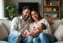 Couple mixte avec bébé dans un salon chaleureux