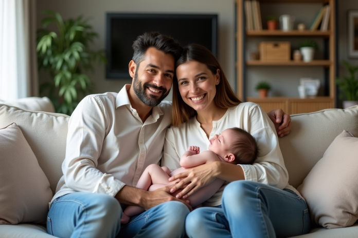 couple-infant-salon Couple mixte avec bébé dans un salon chaleureux