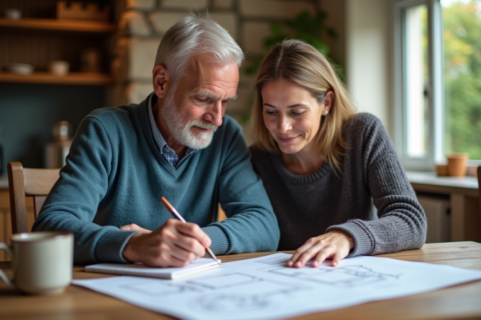 couple-projet-maison-bleuprints Couple dans la cuisine examine des plans de maison