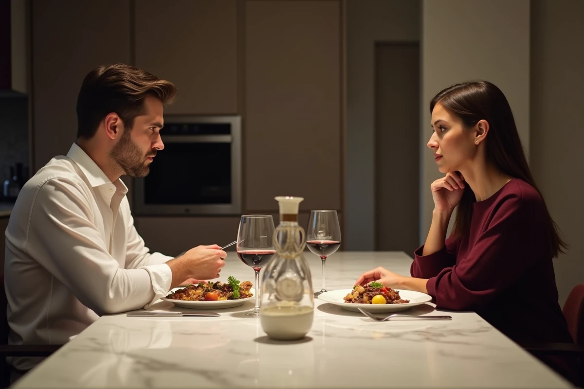Couple en silence à une table de dîner, l'un ignorant l'autre, illustrant la manipulation émotionnelle et le rejet narcissique dans une relation