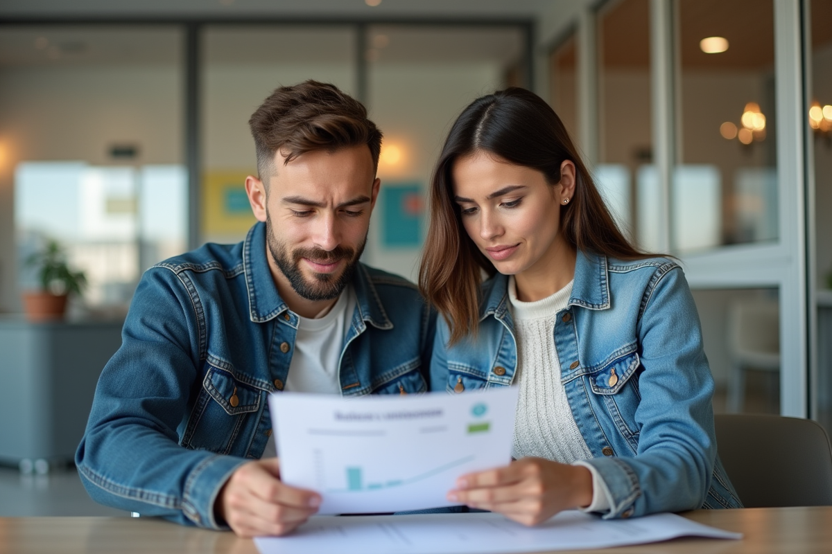 Jeune couple français examinant un tableau de taux d