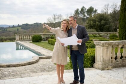 Couple élégant admirant la terrasse en marbre d'une villa de prestige avec piscine à débordement et jardin paysager