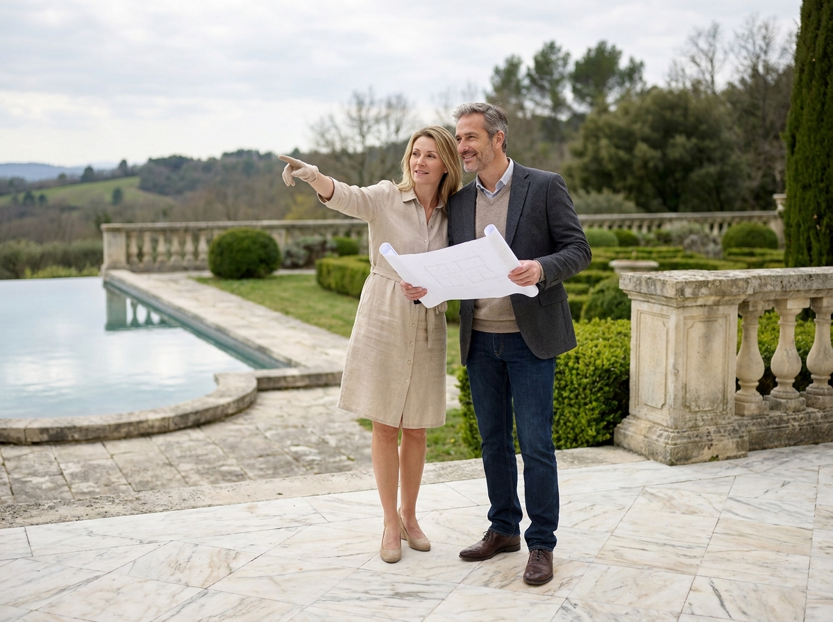 Couple élégant admirant la terrasse en marbre d'une villa de prestige avec piscine à débordement et jardin paysager