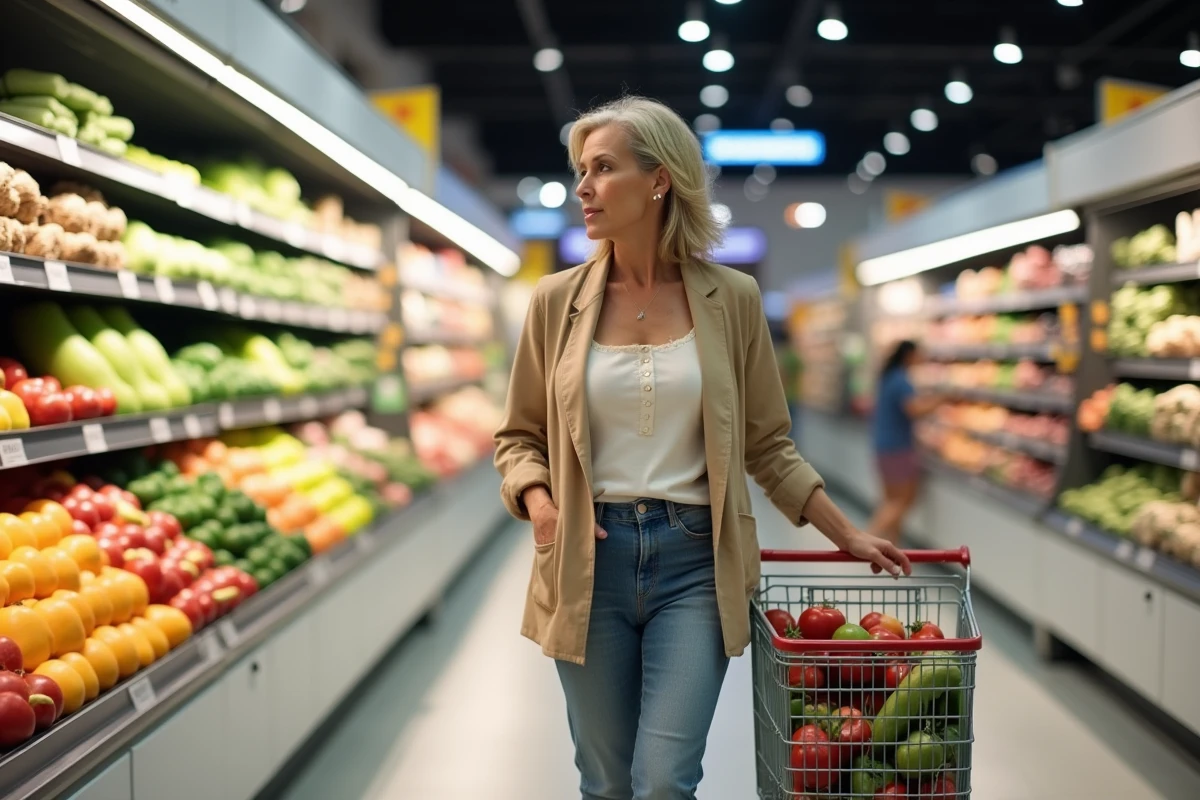 Femme faisant ses courses dans un supermarché E Leclerc en centre-ville