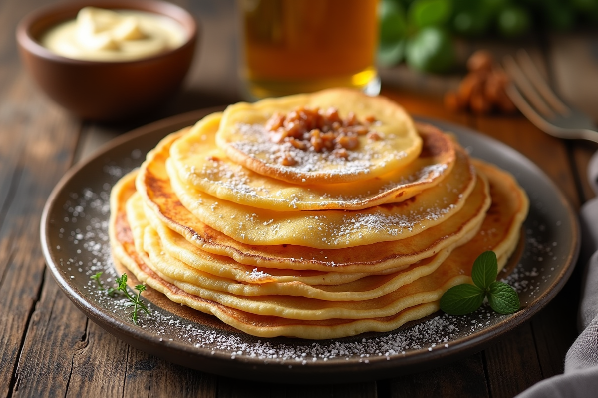 Crêpes chaudes sur une table en bois avec bière et pâte