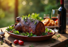 Viande de sanglier marinée sur table en plein air