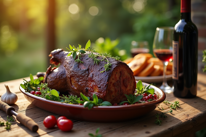Viande de sanglier marinée sur table en plein air