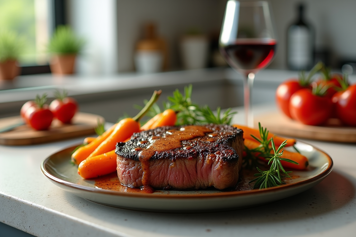 Steak de sanglier présenté dans une cuisine moderne
