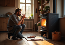 Quand votre poêle vous lâche : réflexes à adopter en cas de panne Homme inquiet dans la cuisine répare un poêle à bois en panne