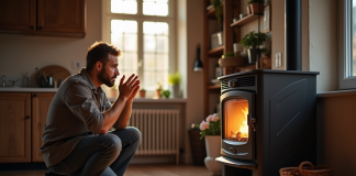Quand votre poêle vous lâche : réflexes à adopter en cas de panne Homme inquiet dans la cuisine répare un poêle à bois en panne