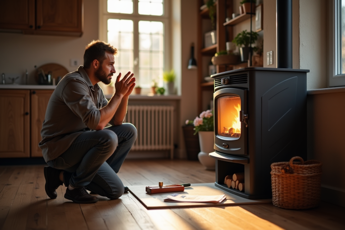 Homme inquiet dans la cuisine répare un poêle à bois en panne