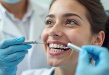 Personne souriante dans une clinique dentaire moderne avec guide de teinte
