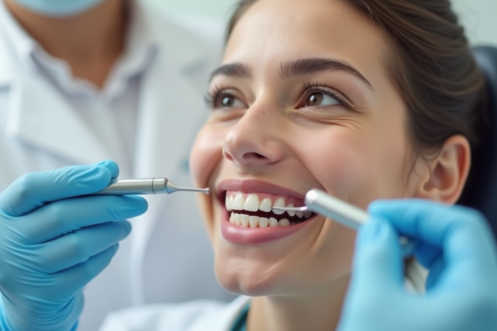 Personne souriante dans une clinique dentaire moderne avec guide de teinte