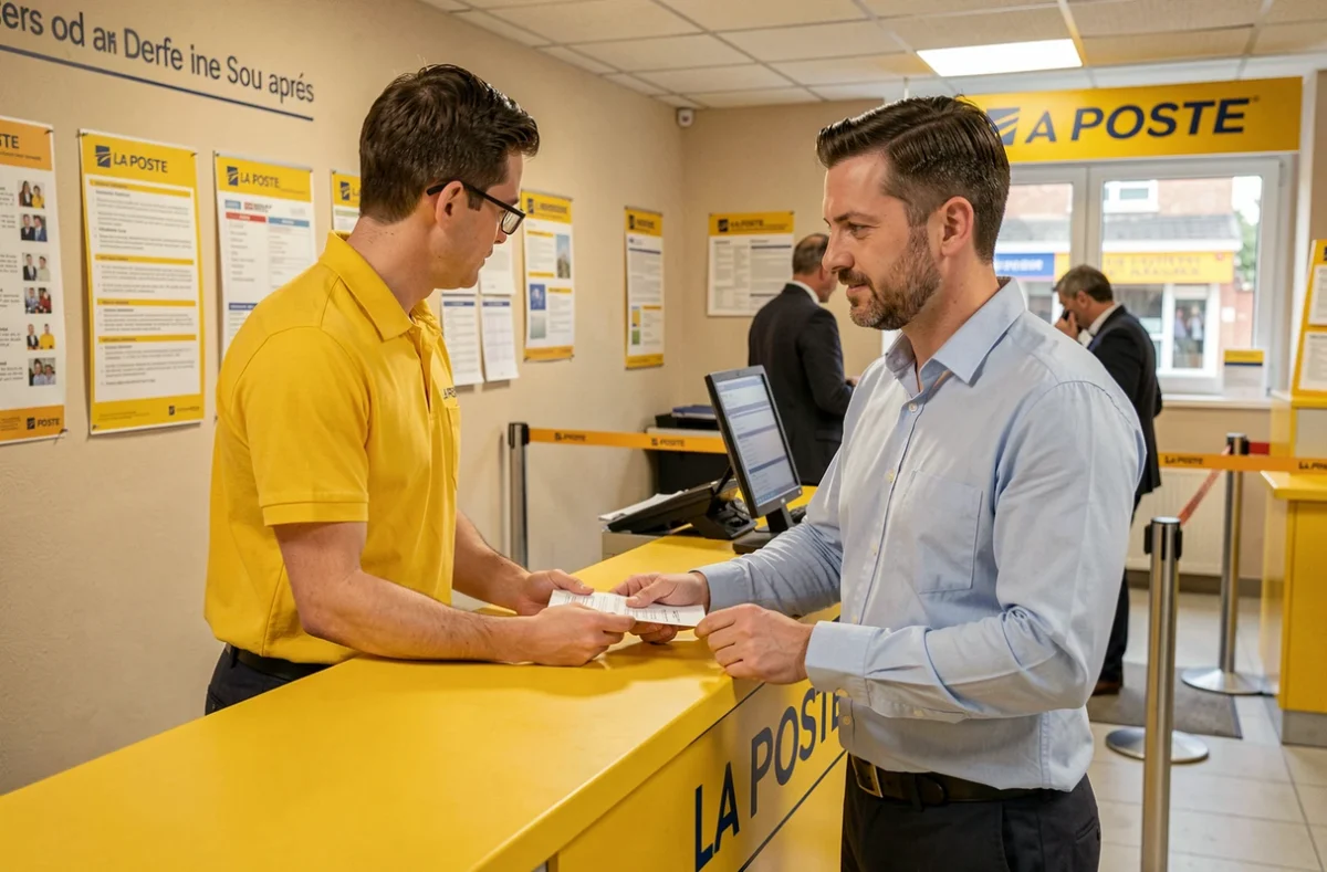 Homme déposant un formulaire de réexpédition définitive dans un bureau de La Poste