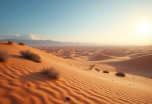 Paysage désertique au coucher du soleil avec dunes et montagnes