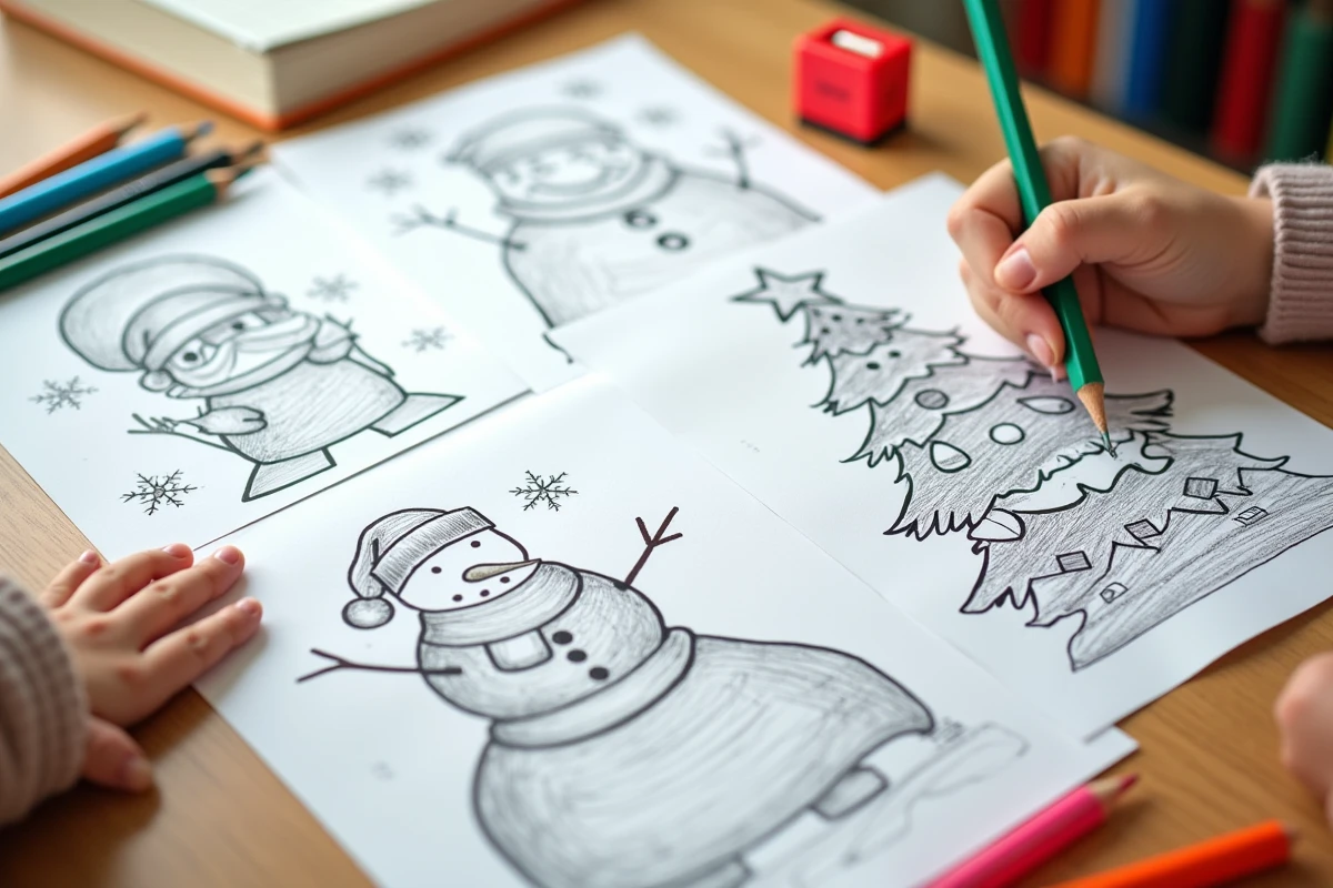 Vue de dessus de dessins de Noël gratuits à imprimer posés sur un bureau d'école avec des crayons de couleur