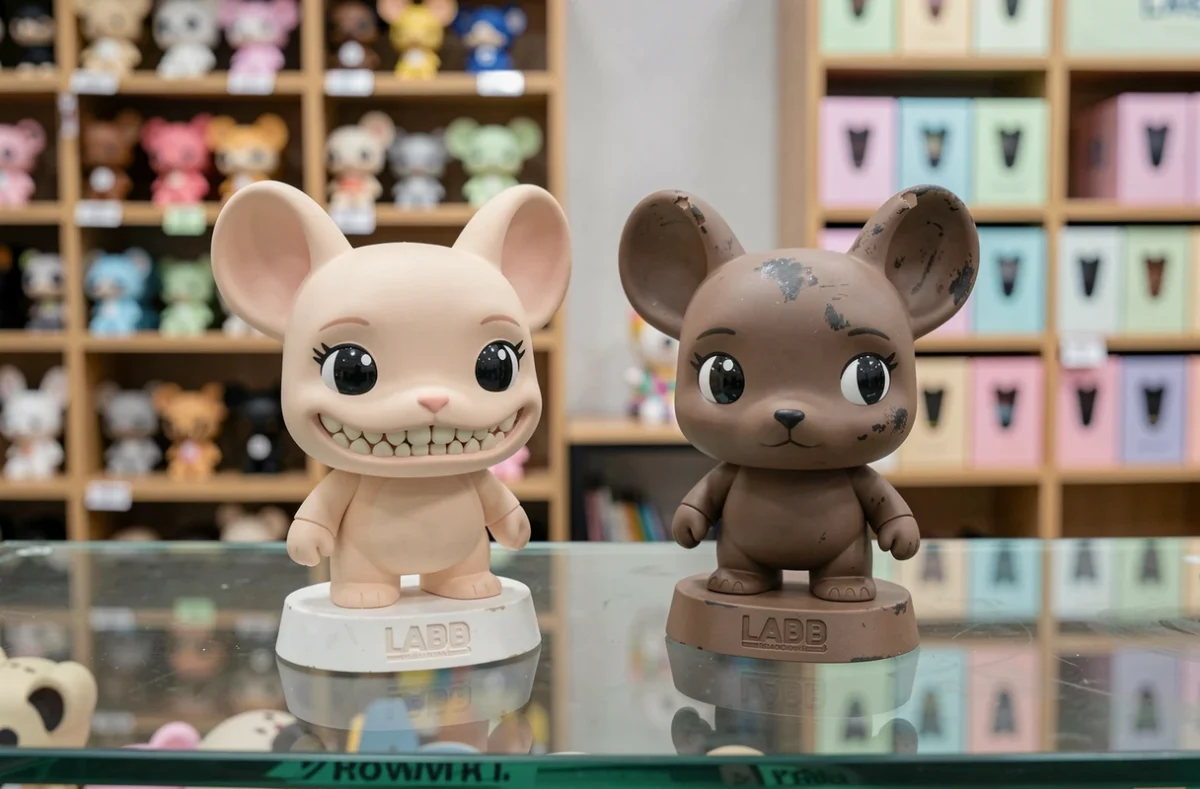 Gros plan sur les détails d'un Labubu authentique et d'une contrefaçon posés sur une surface en verre dans une boutique de collectionneurs