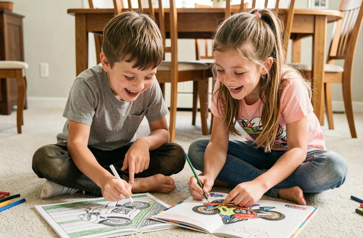 Deux enfants assis par terre coloriant ensemble des pages de motos et circuits dans un cahier de coloriage