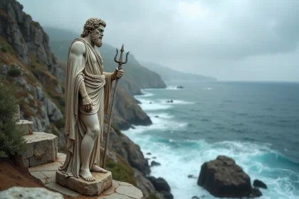 Statue de marbre antique d'un dieu grec de la mer sur une falaise rocheuse surplombant la mer Égée agitée
